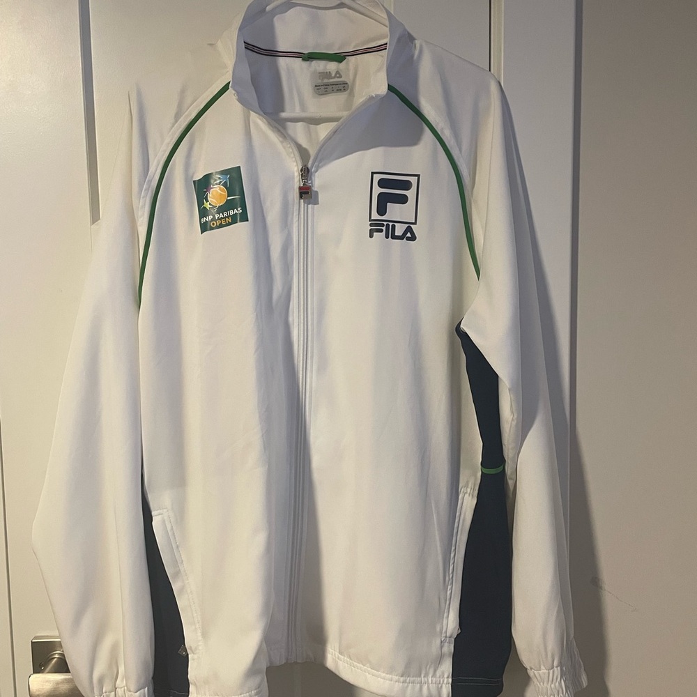 Fila Men's White Windbreaker with Navy and Green Accents